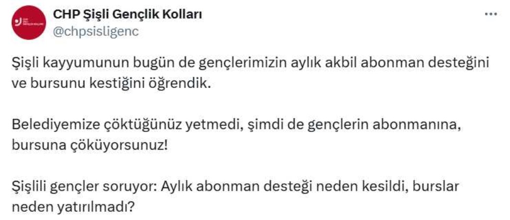 CHP Şişli Gençlik Kolları: ‘Şişli kayyumunun gençlerimizin aylık abonman desteğini ve bursunu kestiğini öğrendik’