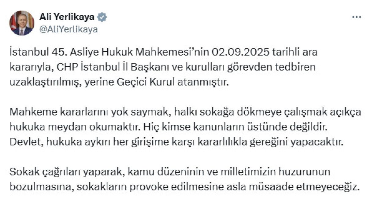 İçişleri Bakanı Yerlikaya’dan CHP İstanbul açıklaması
