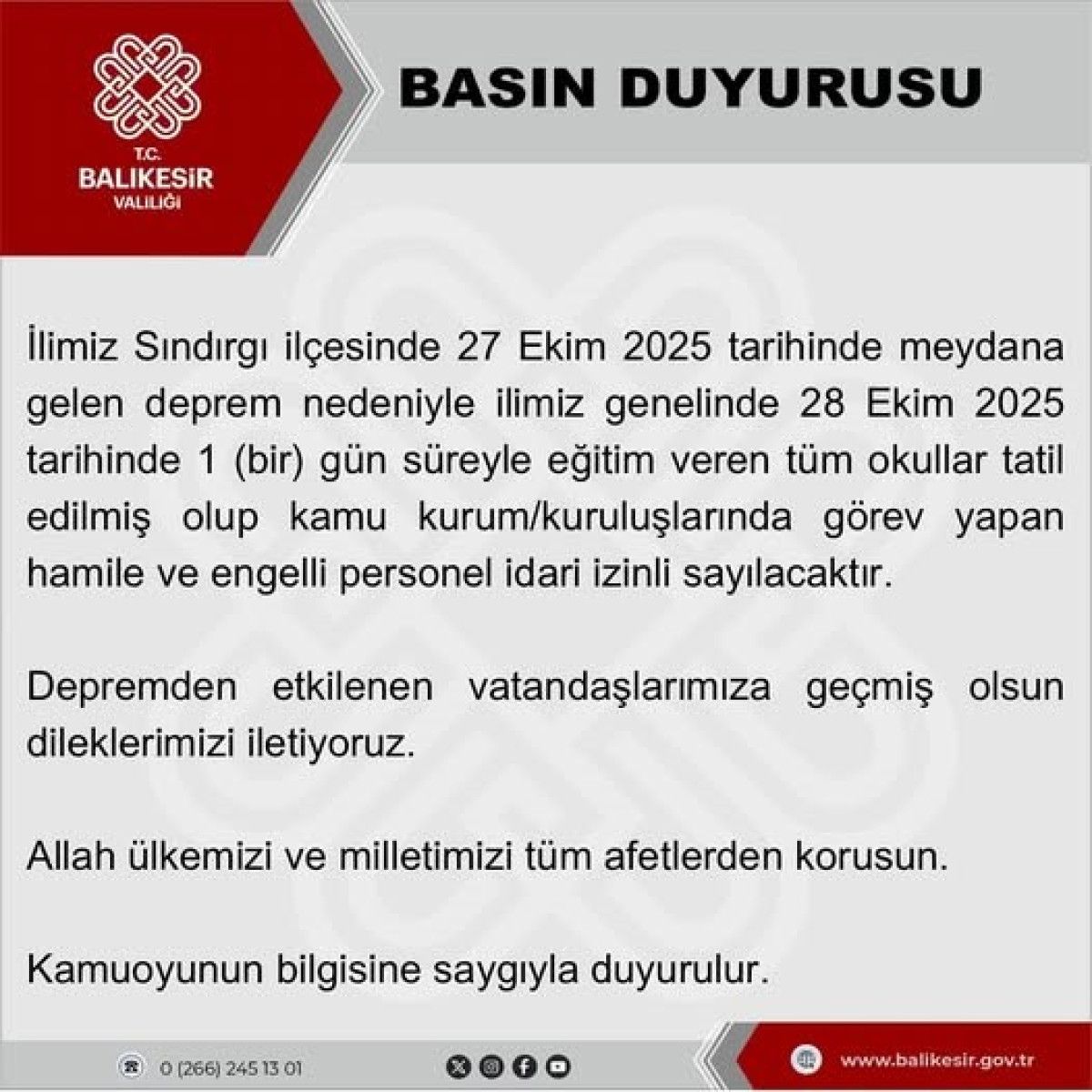 Balıkesir’de eğitime 1 gün ara verildi