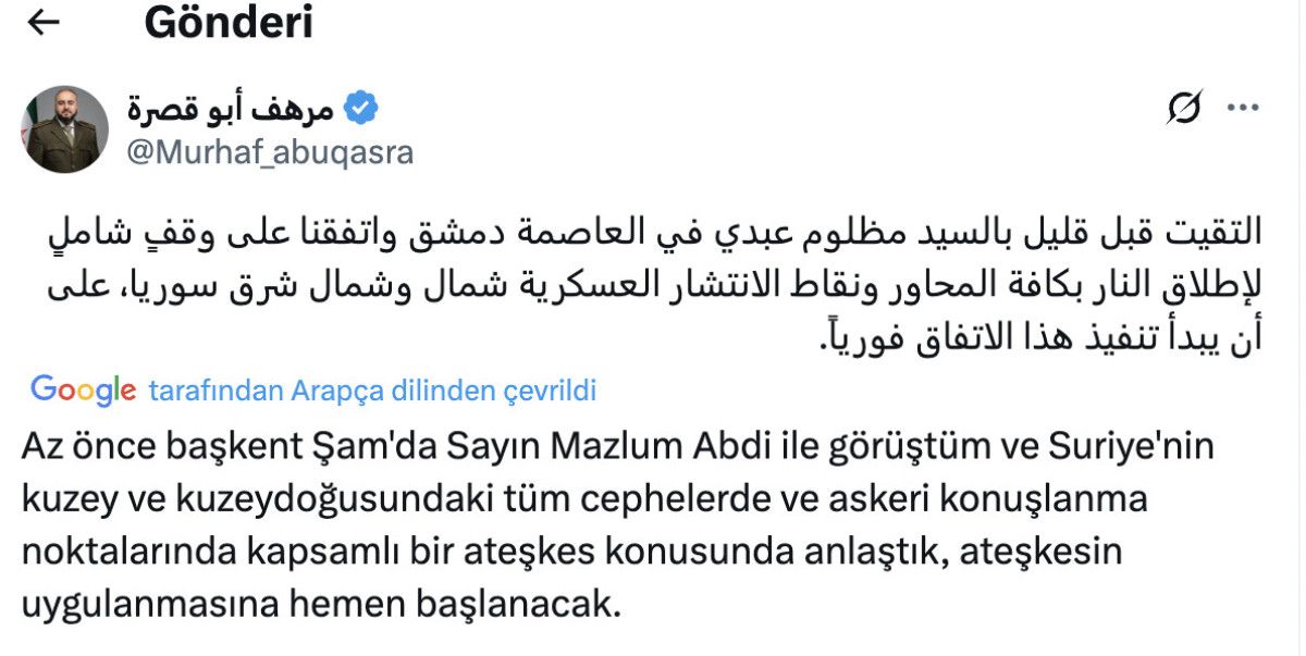 Suriye Savunma Bakanlığı’ndan açıklama: Abdi ile anlaştık