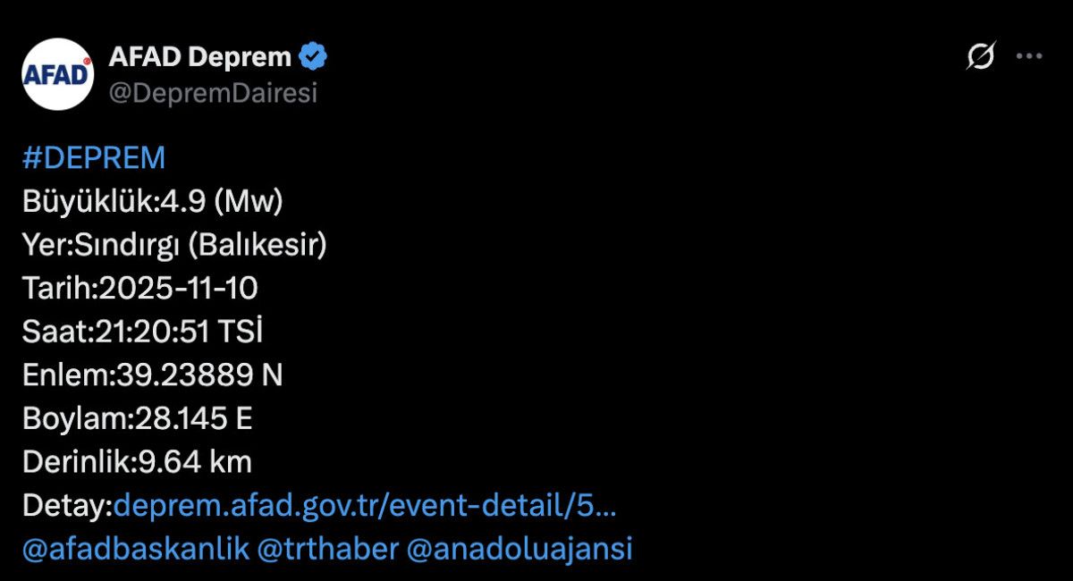 Balıkesir’in Sındırgı ilçesinde 4,9’luk deprem: İstanbul ve İzmir’de hissedildi