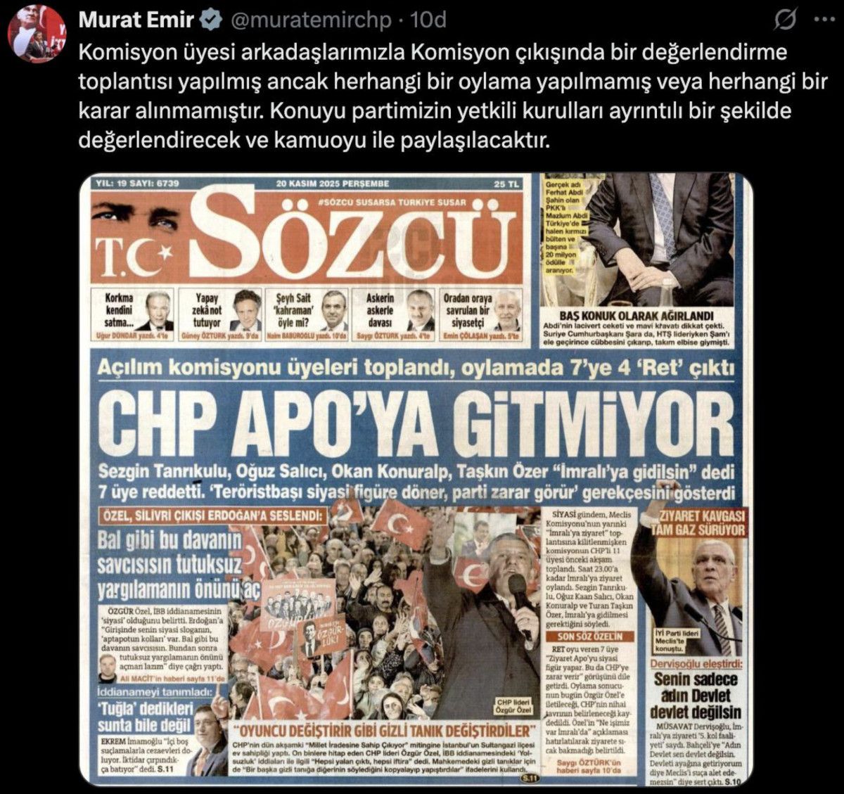 Sözcü’nün ‘CHP’de İmralı oylaması’ haberini Murat Emir yalanladı